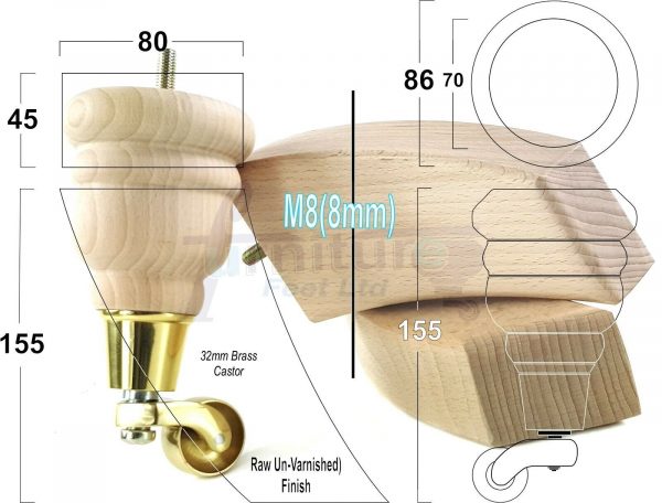 4x TURNED WOODEN CASTOR LEGS 165mm High CHAIR REPLACEMENT FURNITURE FEET M8(8mm) - Image 10