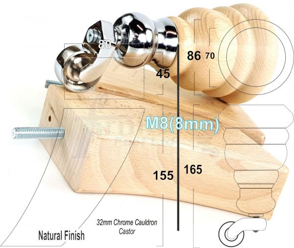 4x TURNED WOODEN CASTOR LEGS 165mm High CHAIR REPLACEMENT FURNITURE FEET M8(8mm) - Image 17