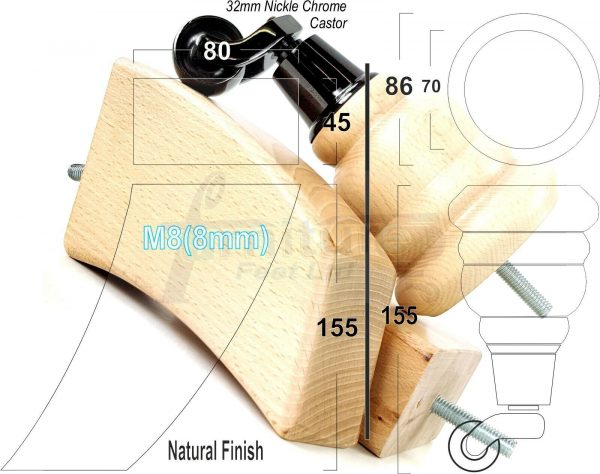 4x TURNED WOODEN CASTOR LEGS 165mm High CHAIR REPLACEMENT FURNITURE FEET M8(8mm) - Image 15