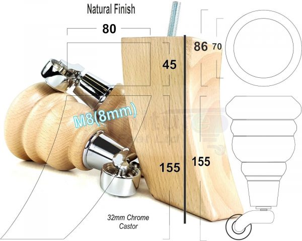 4x TURNED WOODEN CASTOR LEGS 165mm High CHAIR REPLACEMENT FURNITURE FEET M8(8mm) - Image 13