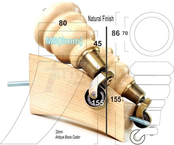 4x TURNED WOODEN CASTOR LEGS 165mm High CHAIR REPLACEMENT FURNITURE FEET M8(8mm) - Image 14