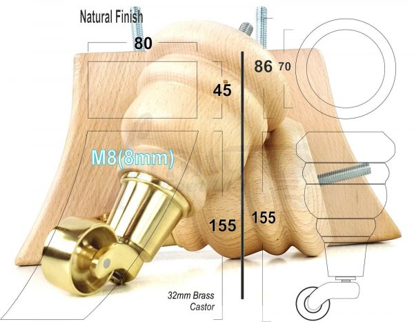 4x TURNED WOODEN CASTOR LEGS 165mm High CHAIR REPLACEMENT FURNITURE FEET M8(8mm) - Image 12
