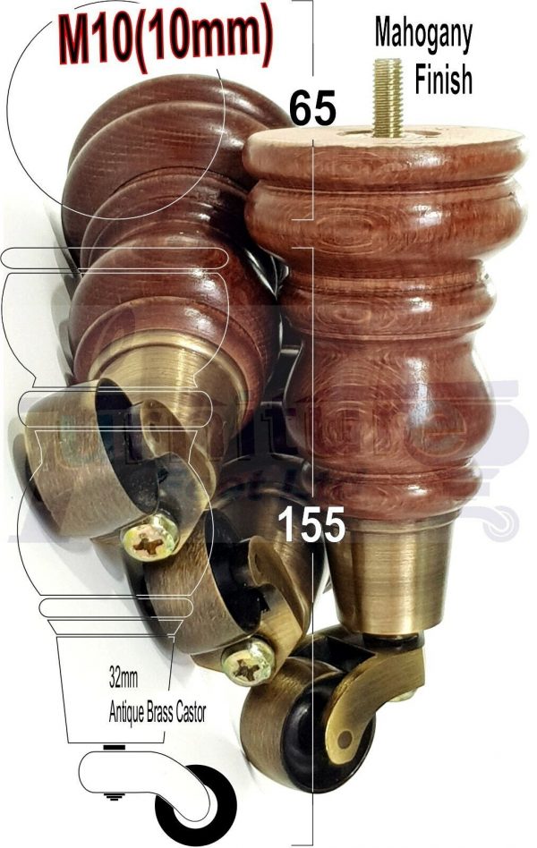 4x TURNED WOODEN CASTOR LEGS 165mm High REPLACEMENT FURNITURE FEET M10(10mm) - Image 10