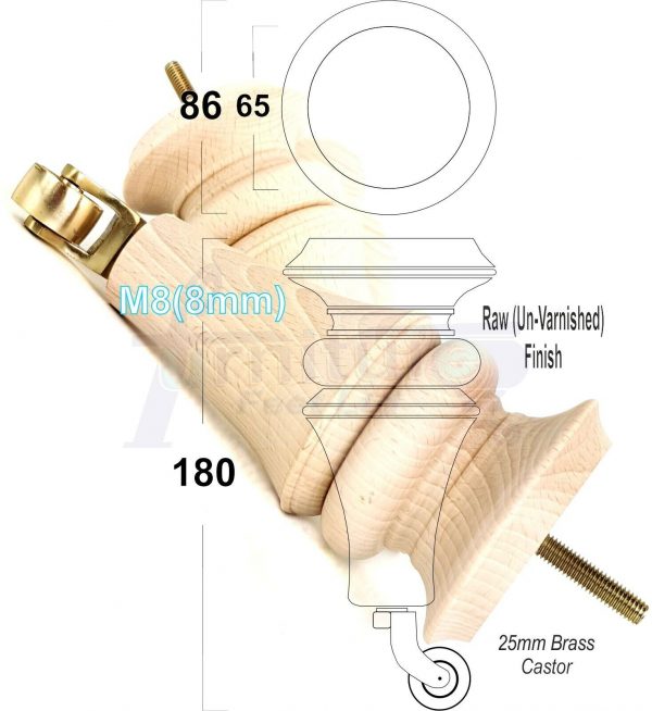 4x TURNED WOODEN CASTOR LEGS 180mm High CHAIR REPLACEMENT FURNITURE FEET M8(8mm) - Image 8