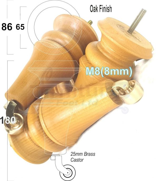 4x TURNED WOODEN CASTOR LEGS 180mm High CHAIR REPLACEMENT FURNITURE FEET M8(8mm) - Image 9
