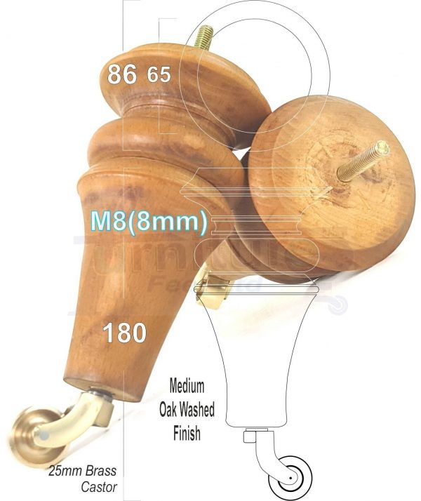 4x TURNED WOODEN CASTOR LEGS 180mm High CHAIR REPLACEMENT FURNITURE FEET M8(8mm) - Image 5