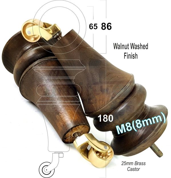 4x TURNED WOODEN CASTOR LEGS 180mm High CHAIR REPLACEMENT FURNITURE FEET M8(8mm) - Image 3
