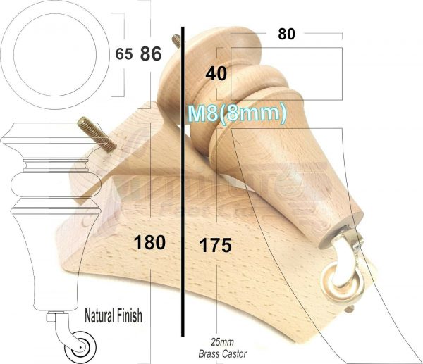 4x TURNED WOODEN CASTOR LEGS 180mm High CHAIR REPLACEMENT FURNITURE FEET M8(8mm) - Image 8