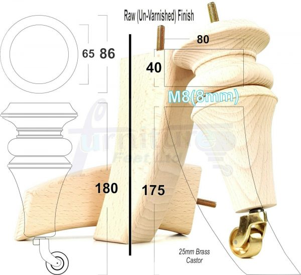 4x TURNED WOODEN CASTOR LEGS 180mm High CHAIR REPLACEMENT FURNITURE FEET M8(8mm) - Image 9