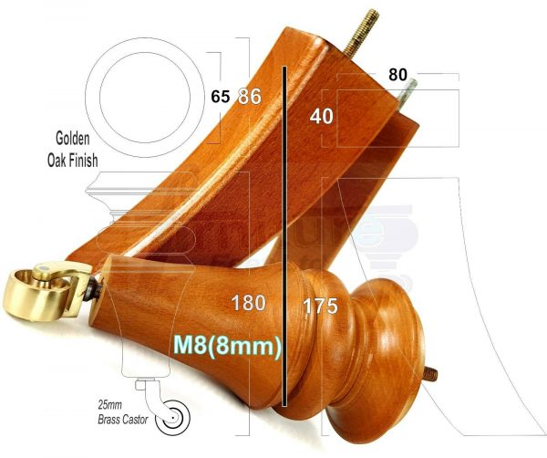 4x TURNED WOODEN CASTOR LEGS 180mm High CHAIR REPLACEMENT FURNITURE FEET M8(8mm) - Image 5