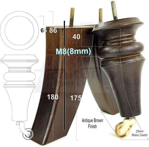 4x TURNED WOODEN CASTOR LEGS 180mm High CHAIR REPLACEMENT FURNITURE FEET M8(8mm) - Image 3