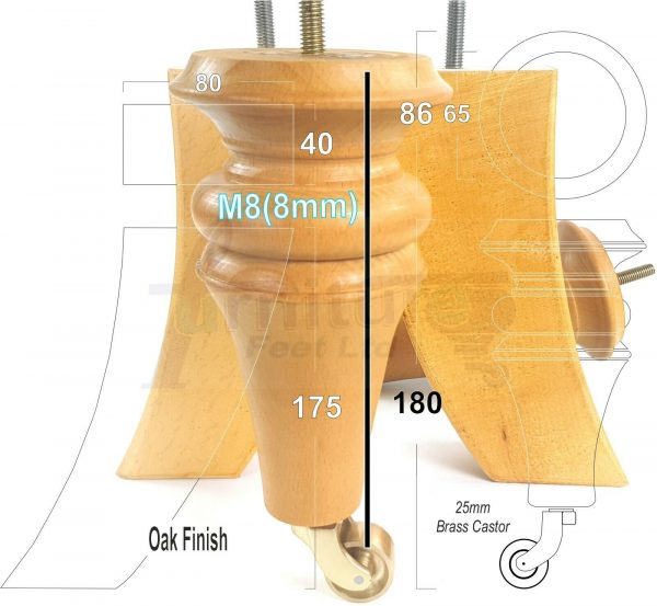 4x TURNED WOODEN CASTOR LEGS 180mm High CHAIR REPLACEMENT FURNITURE FEET M8(8mm) - Image 10