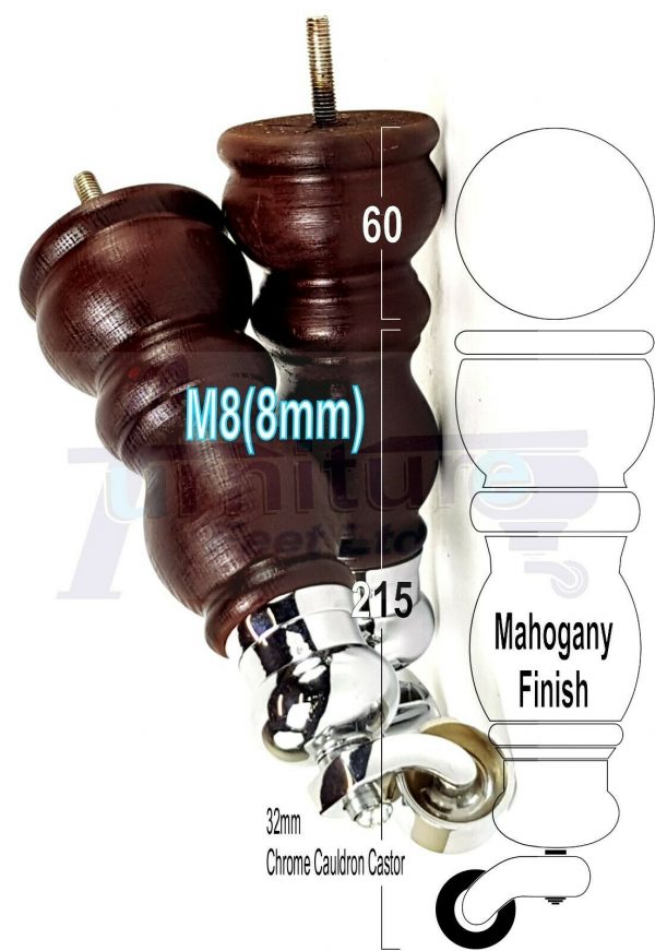 4x TURNED WOODEN CASTOR LEGS 215mm High CHAIR REPLACEMENT FURNITURE FEET M8(8mm) - Image 18