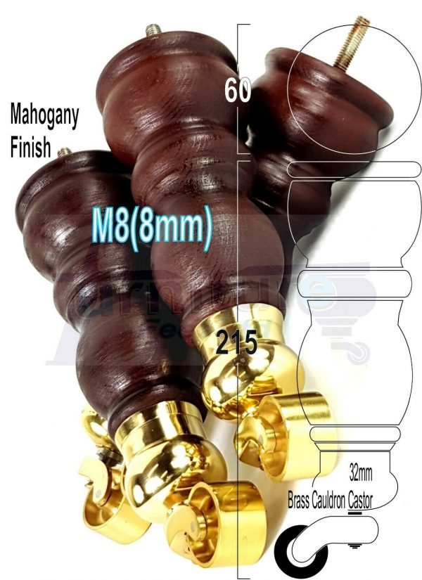 4x TURNED WOODEN CASTOR LEGS 215mm High CHAIR REPLACEMENT FURNITURE FEET M8(8mm) - Image 17