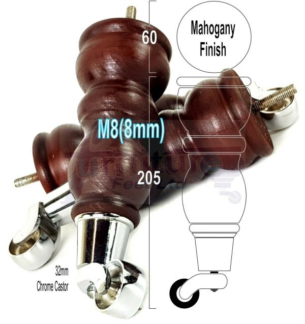 4x TURNED WOODEN CASTOR LEGS 215mm High CHAIR REPLACEMENT FURNITURE FEET M8(8mm) - Image 14