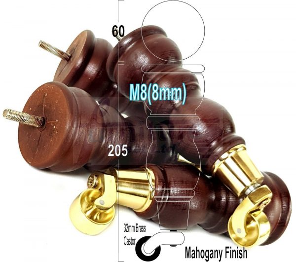 4x TURNED WOODEN CASTOR LEGS 215mm High CHAIR REPLACEMENT FURNITURE FEET M8(8mm) - Image 13