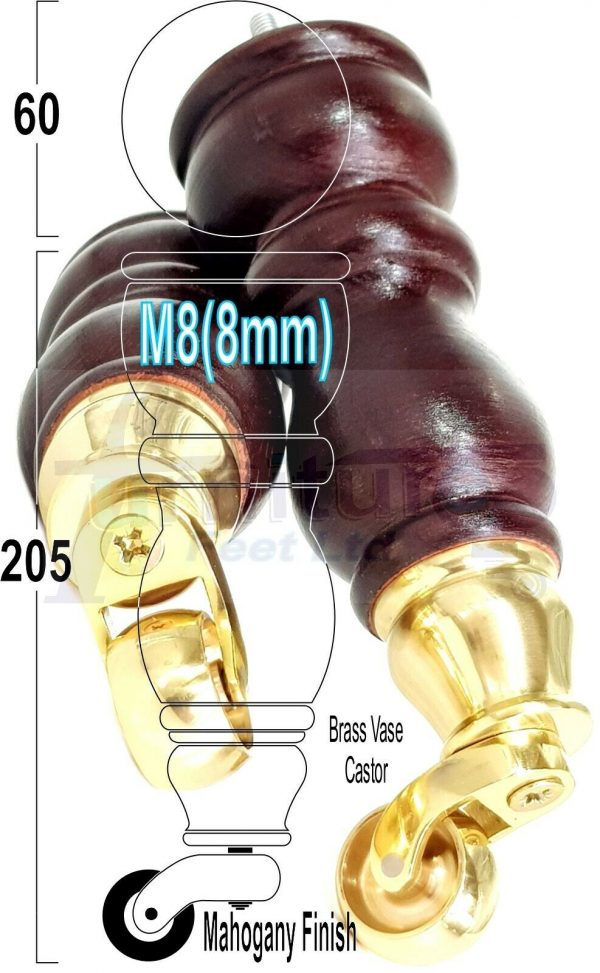 4x TURNED WOODEN CASTOR LEGS 215mm High CHAIR REPLACEMENT FURNITURE FEET M8(8mm) - Image 19