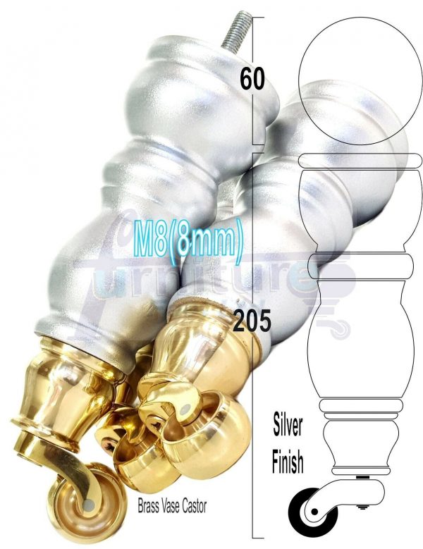 4x Turned Wooden Castor Legs 215mm High Chair Replacement Furniture Feet M8(8mm) - Image 19