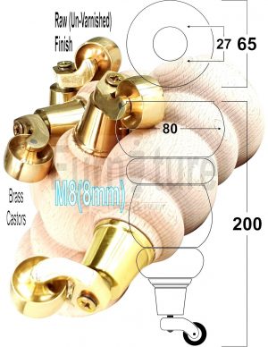4 Turned Wooden Furniture Leg & Brass Castor Wheel Bun Feet Raw M8 200mm High
