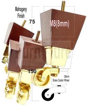 4x Block Wood With Brass Castor Furniture Chair Settee Legs M8 Sofa Feet 150mm