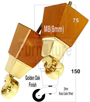 4x Block Wood With Brass Castor Furniture Chair Settee Legs M8 Sofa Feet 150mm