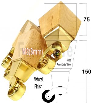 4x Block Wood With Brass Castor Furniture Chair Settee Legs M8 Sofa Feet 150mm