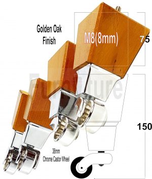 4x Block Wood With Chrome Castor Furniture Chair Settee Legs M8 Sofa Feet 150mm