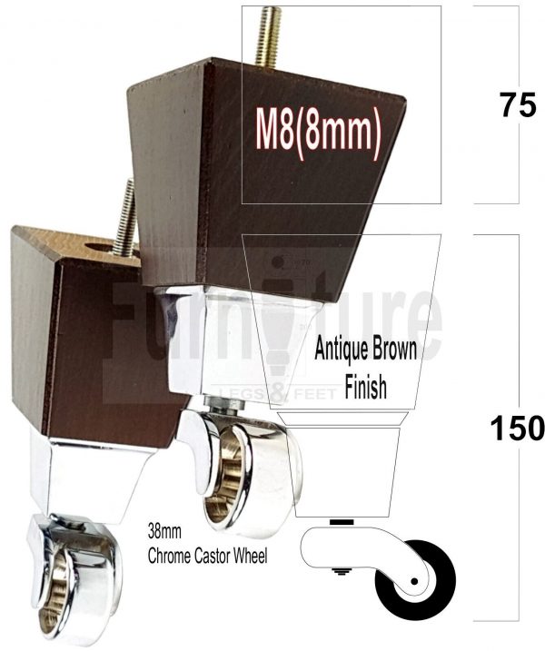 4x Turned Wood Furniture Castor Leg M8 Replacement Feet Chairs Stools Sofa 150mm - Image 4