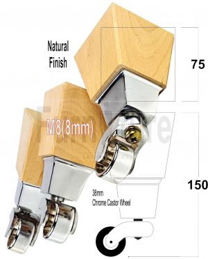 4x Block Wood With Chrome Castor Furniture Chair Settee Legs M8 Sofa Feet 150mm