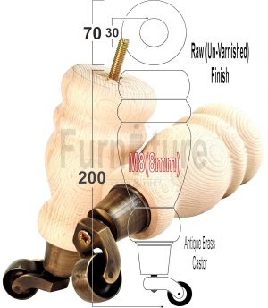 4 Turned Wooden Furniture Leg & Brass Castor Wheel Bun Feet Raw M8 200mm High