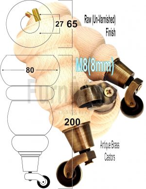 4 Turned Wooden Furniture Leg & Antique Castor Wheel Bun Feet Raw M8 200mm High