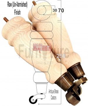 4 Turned Wooden Furniture Leg & Antique Castor Wheel Bun Feet Raw M8 250mm High