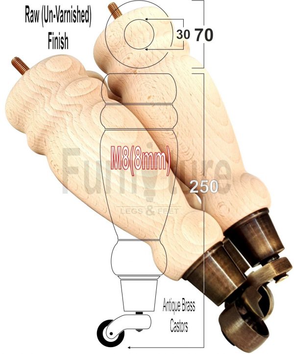 4 Turned Wooden Furniture Leg & Antique Castor Wheel Bun Feet Raw M8 250mm High
