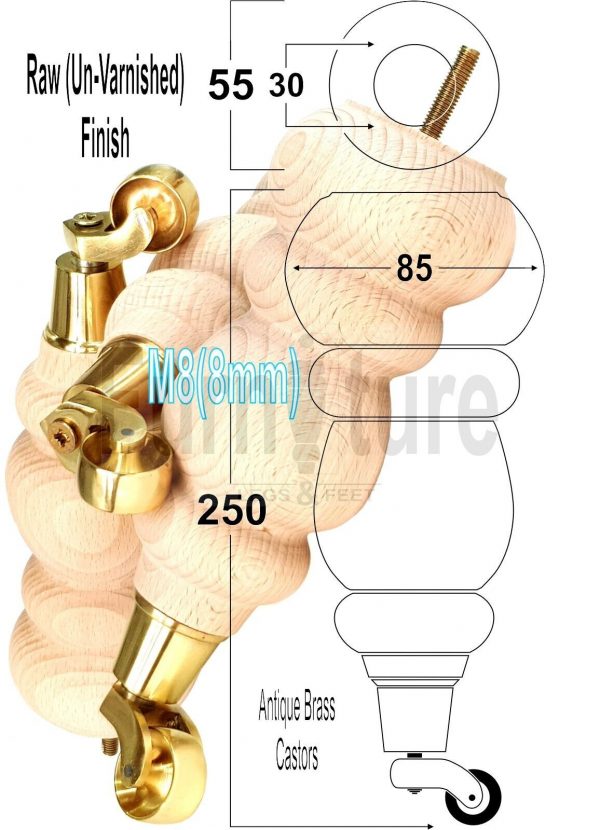 4x Turned Wood Furniture Castor Leg M8 Replacement Feet Chairs Stools Sofa 250mm - Image 28