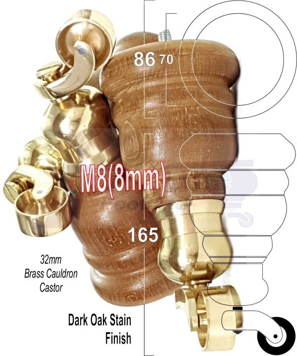 4x Turned Wood Furniture Sofa Legs M8 Replacement Feet With Castors 155mm High - Image 14