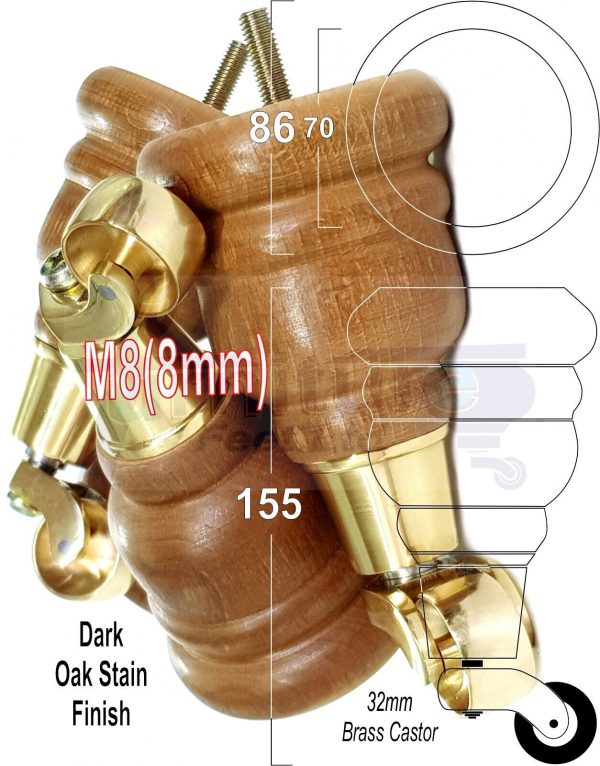 4x Turned Wood Furniture Sofa Legs M8 Replacement Feet With Castors 155mm High - Image 10
