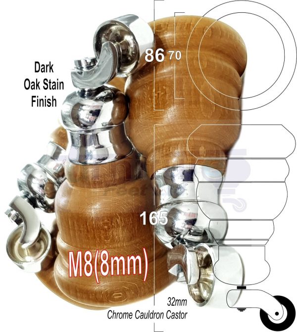 4x Turned Wood Furniture Sofa Legs M8 Replacement Feet With Castors 155mm High - Image 15