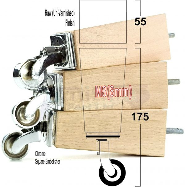 4x Wooden Square Furniture Chair Legs M8(8mm) Replacement Sofa Castor Feet 175mm 7 Inch High - Image 50