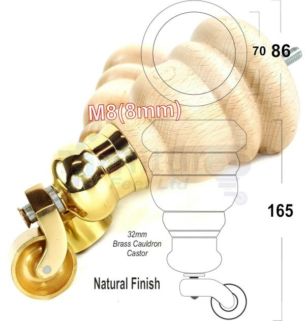 4x WOOD FURNITURE LEGS M8 REPLACEMENT BRASS CAULDRON CASTOR FEET 165mm HIGH - Image 28