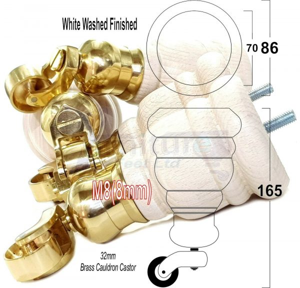 4x WOOD FURNITURE LEGS M8 REPLACEMENT BRASS CAULDRON CASTOR FEET 165mm HIGH - Image 36
