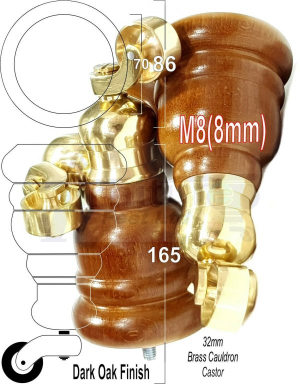 4x WOOD FURNITURE LEGS M8 REPLACEMENT BRASS CAULDRON CASTOR FEET 165mm HIGH - Image 18