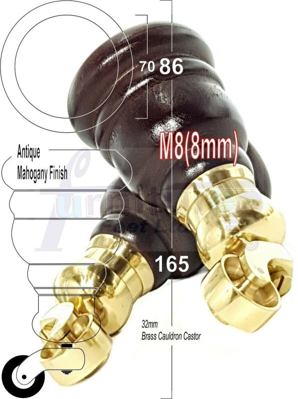 4x WOOD FURNITURE LEGS M8 REPLACEMENT BRASS CAULDRON CASTOR FEET 165mm HIGH - Image 37