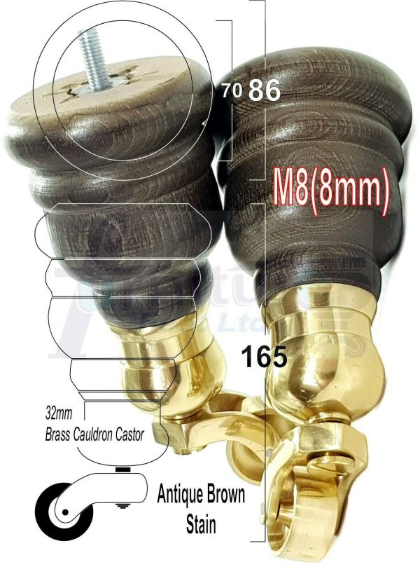 4x WOOD FURNITURE LEGS M8 REPLACEMENT BRASS CAULDRON CASTOR FEET 165mm HIGH - Image 14