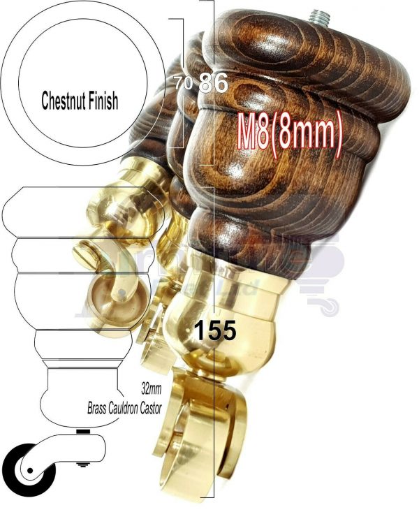 4x WOOD FURNITURE LEGS M8 REPLACEMENT BRASS CAULDRON CASTOR FEET 165mm HIGH - Image 42