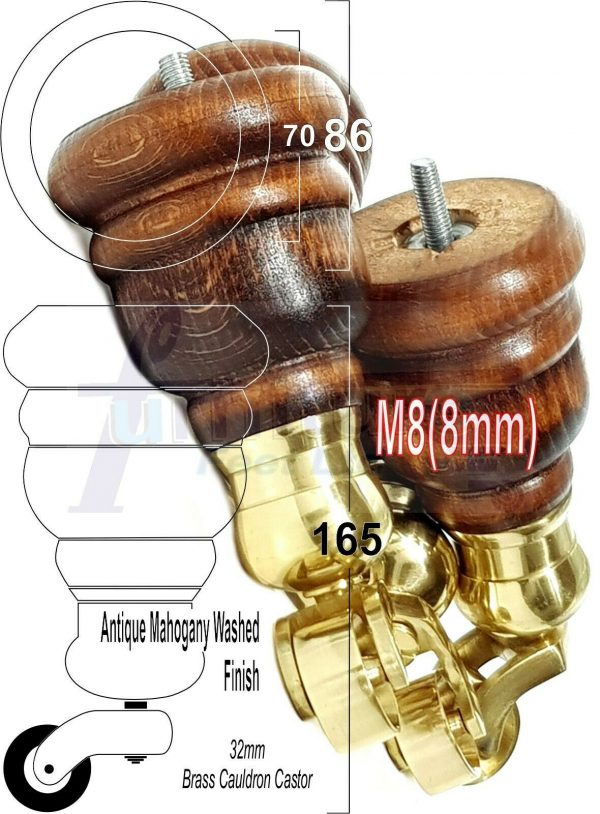 4x WOOD FURNITURE LEGS M8 REPLACEMENT BRASS CAULDRON CASTOR FEET 165mm HIGH - Image 39