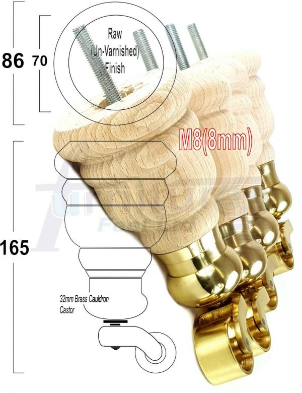 4x WOOD FURNITURE LEGS M8 REPLACEMENT BRASS CAULDRON CASTOR FEET 165mm HIGH - Image 33
