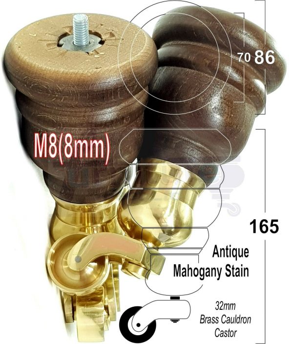 4x WOOD FURNITURE LEGS M8 REPLACEMENT BRASS CAULDRON CASTOR FEET 165mm HIGH - Image 38