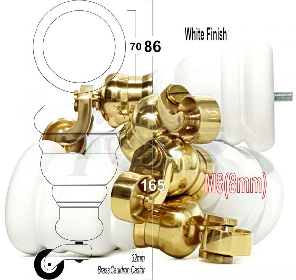 4x WOOD FURNITURE LEGS M8 REPLACEMENT BRASS CAULDRON CASTOR FEET 165mm HIGH - Image 35