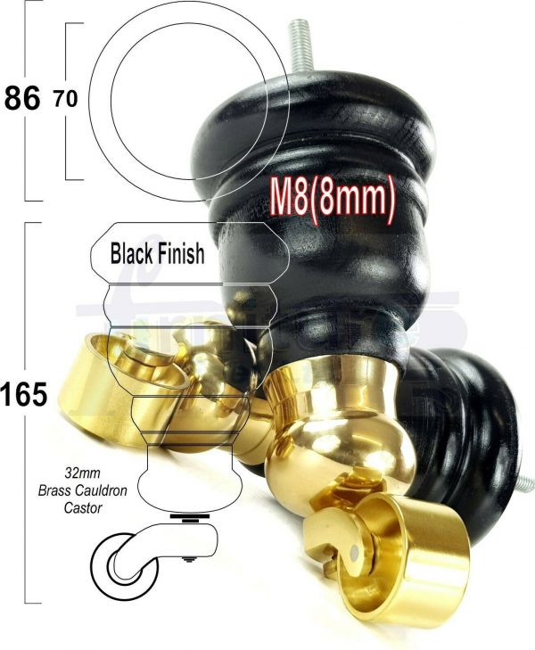 4x WOOD FURNITURE LEGS M8 REPLACEMENT BRASS CAULDRON CASTOR FEET 165mm HIGH - Image 15