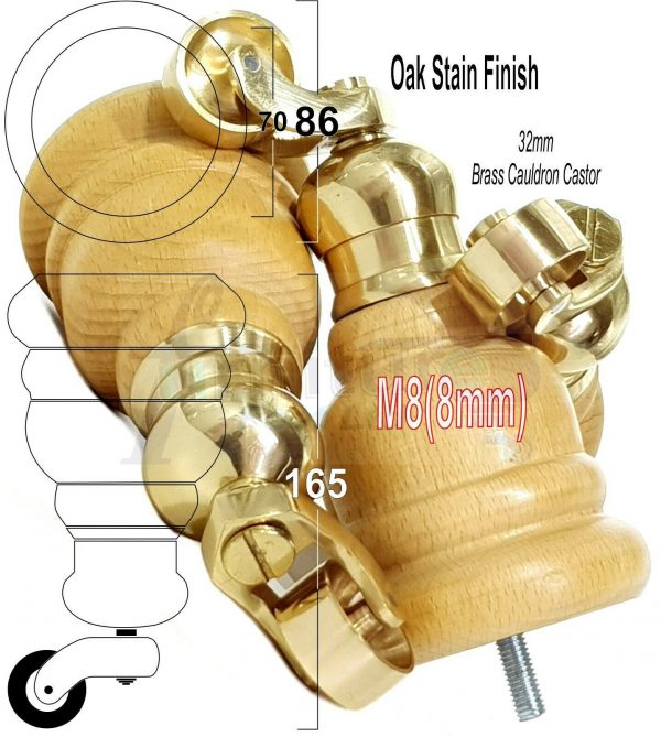 4x WOOD FURNITURE LEGS M8 REPLACEMENT BRASS CAULDRON CASTOR FEET 165mm HIGH - Image 30